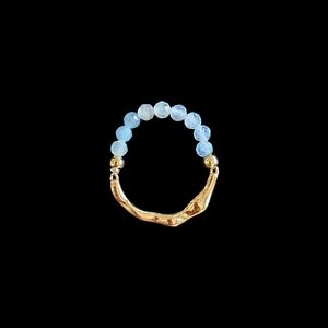 New 18k Gold Plated and Aquamarine Stretch Beaded Women's Ring
